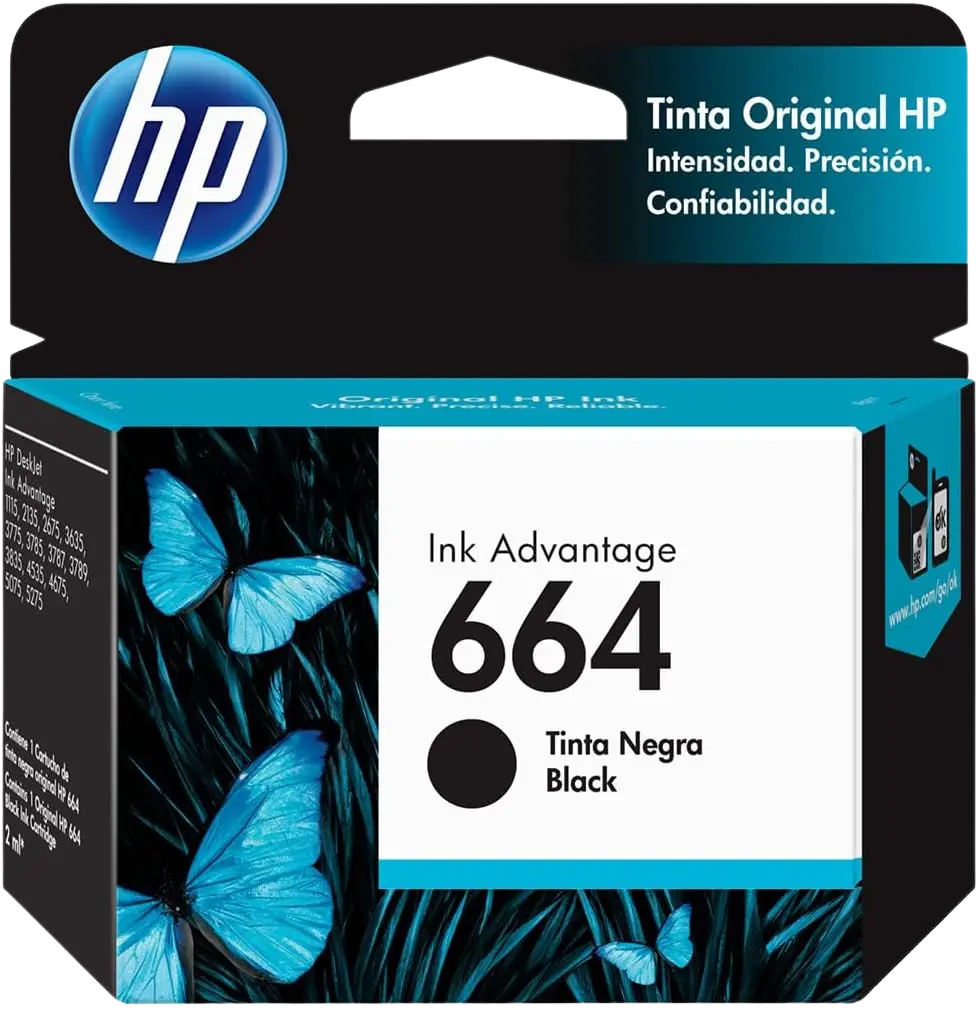 HP 664 Negro Original Cartucho de Tinta HP664 HP Deskjet Ink Advantage 1115, 2134, 2135, 2675, 3635, 3775, 3785, 3786, 3787, 3789, 3835, 4535, 4675, 5075, 5275, 5276. 2ml. SKU: F6V29AL