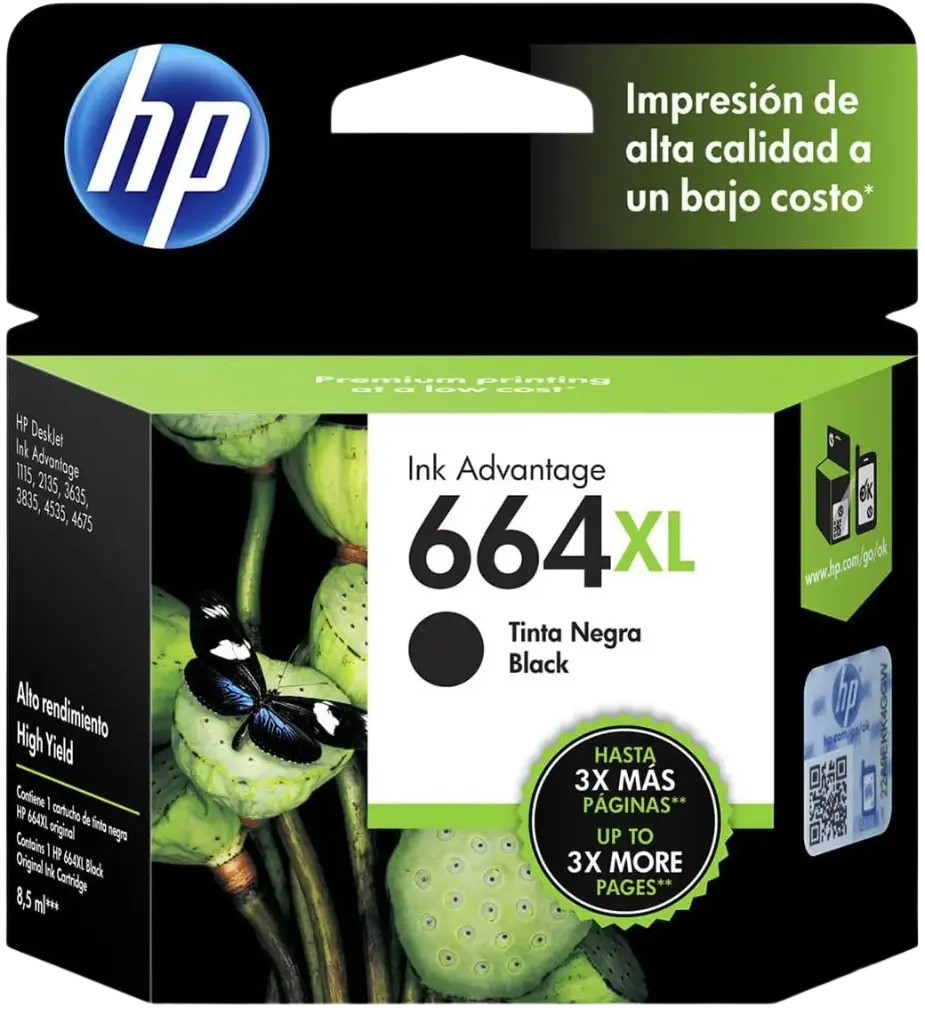 HP 664XL Negro Original Cartucho de Tinta HP664XL HP Deskjet Ink Advantage 1115, 2134, 2135, 2675, 3635, 3775, 3785, 3786, 3787, 3789, 3835, 4535, 4675, 5075, 5275, 5276. 8.5 ml. SKU: F6V31AL