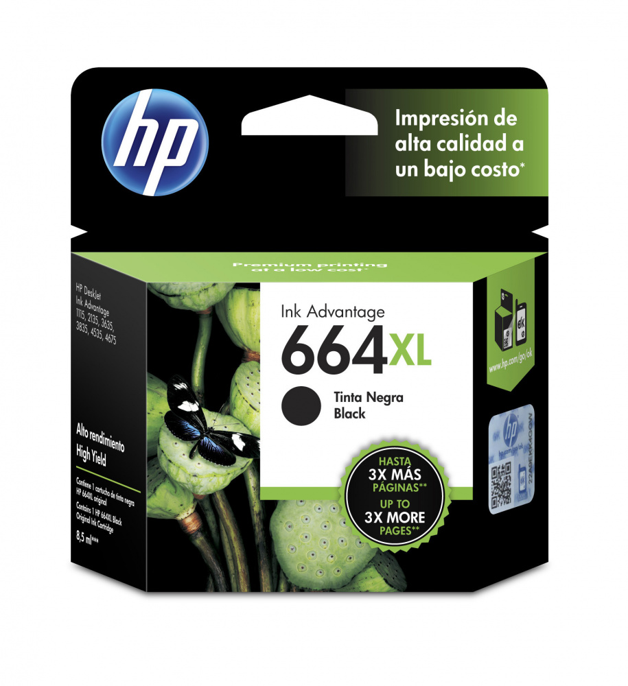 HP 664XL Negro Original Cartucho de Tinta HP664XL HP Deskjet Ink Advantage 1115/2134/2135/2675/3635/3775/3785/3786/3787/3789/3835/4535/4675/5075/5275/5276. 8.5 ml. SKU: F6V31AL