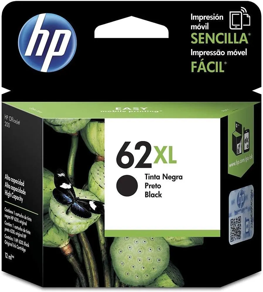 HP 62XL Negro Original Cartucho de Tinta HP62XL HP Officejet Pro 200, 250, 258 HP ENVY 5640 e-All-in-One Printer  600Pag. 12ml. SKU: C2P05AL