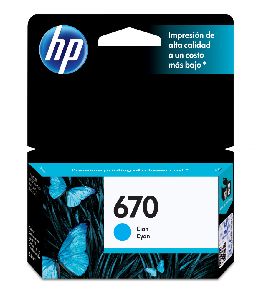 HP 670 Cian Original Cartucho de Tinta HP HP670 HP Deskjet Ink Advantage 3525, 4615, 4625, 5525, 6525 e-All-in-One 300Pag. 3.5ml. SKU: CZ114AL