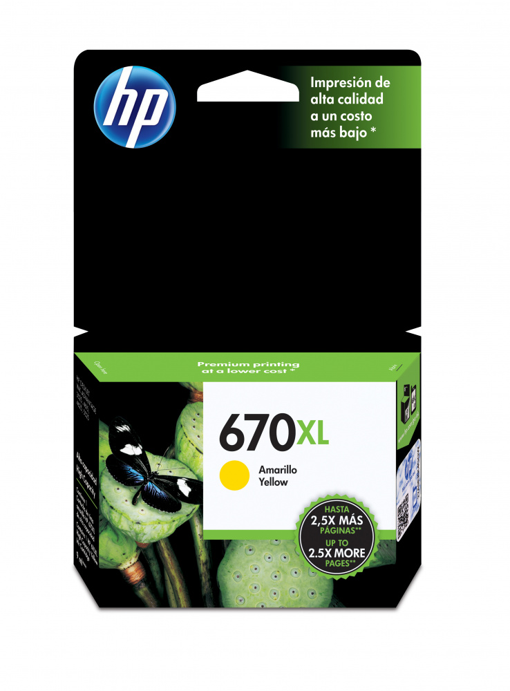 HP 670XL Amarillo Original Cartucho de Tinta HP670XL HP Deskjet Ink Advantage 3525, 4615, 4625, 5525, 6525 e-All-in-One 750Pag. 9ml. SKU: CZ120AL