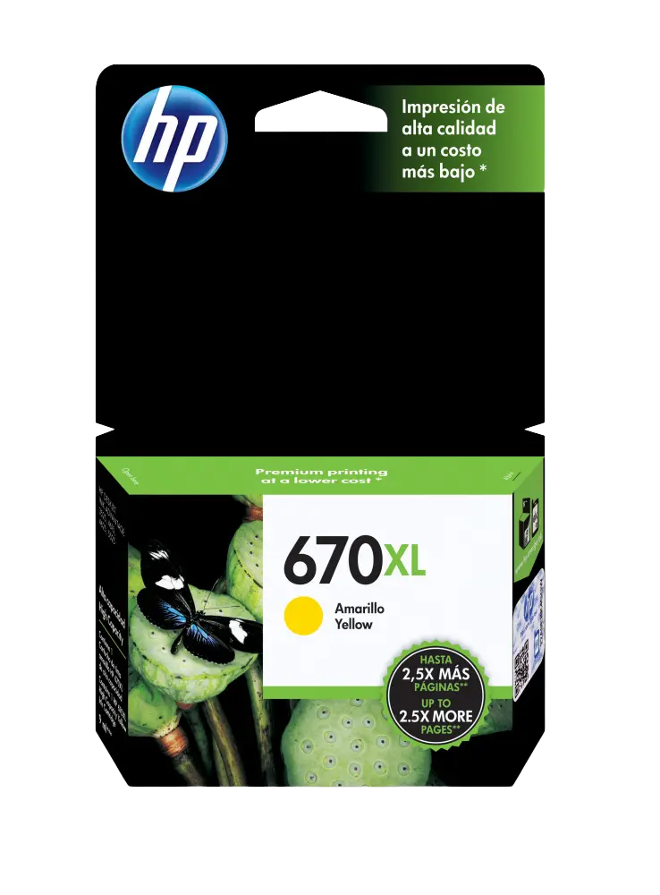 HP 670XL Amarillo Original Cartucho de Tinta HP670XL HP Deskjet Ink Advantage 3525, 4615, 4625, 5525, 6525 e-All-in-One 750Pag. 9ml. SKU: CZ120AL