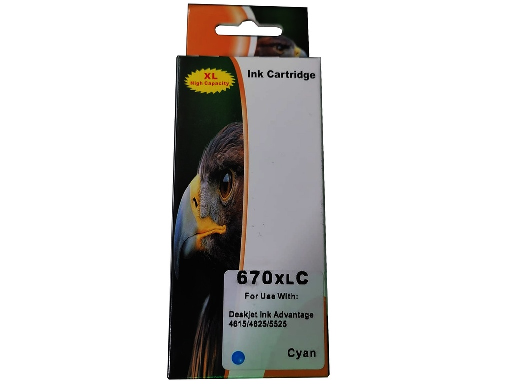 HP 670XL Cian Compatible Cartucho de Tinta HP670XL HP Deskjet Ink Advantage 3525, 4615, 4625, 5525, 6525 e-All-in-One 750Pag. 7.5ml. SKU: CZ118ALG