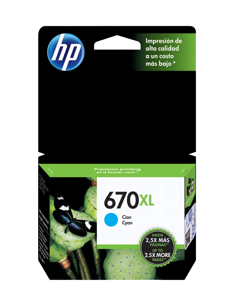 HP 670XL Cian Original Cartucho de Tinta HP670XL HP Deskjet Ink Advantage 3525, 4615, 4625, 5525, 6525 e-All-in-One 750Pag. 7.5ml. SKU: CZ118AL