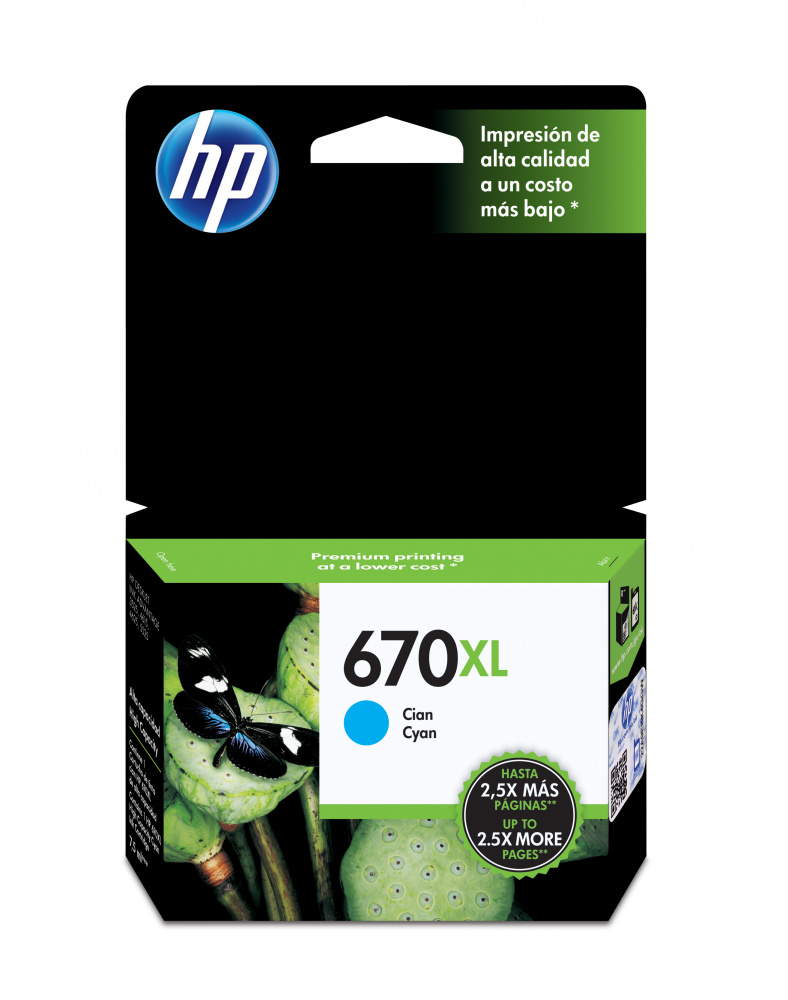 HP 670XL Cian Original Cartucho de Tinta HP670XL HP Deskjet Ink Advantage 3525, 4615, 4625, 5525, 6525 e-All-in-One 750Pag. 7.5ml. SKU: CZ118AL