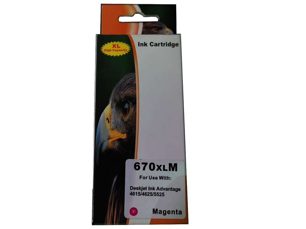 HP 670XL Magenta Compatible Cartucho de Tinta HP670XL HP Deskjet Ink Advantage 3525, 4615, 4625, 5525, 6525 e-All-in-One 750Pag. 8ml. SKU: CZ119ALG