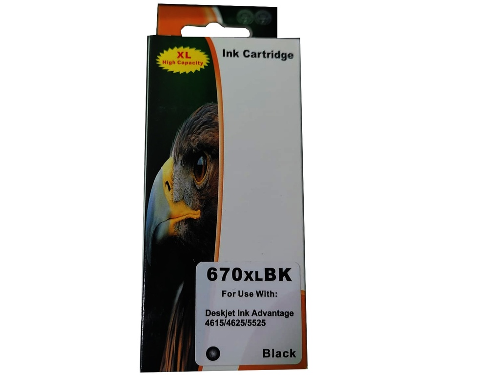 HP 670XL Negro Compatible Cartucho de Tinta HP670XL HP Deskjet Ink Advantage 3525, 4615, 4625, 5525, 6525 e-All-in-One 550Pag. 14ml. SKU: CZ117ALG