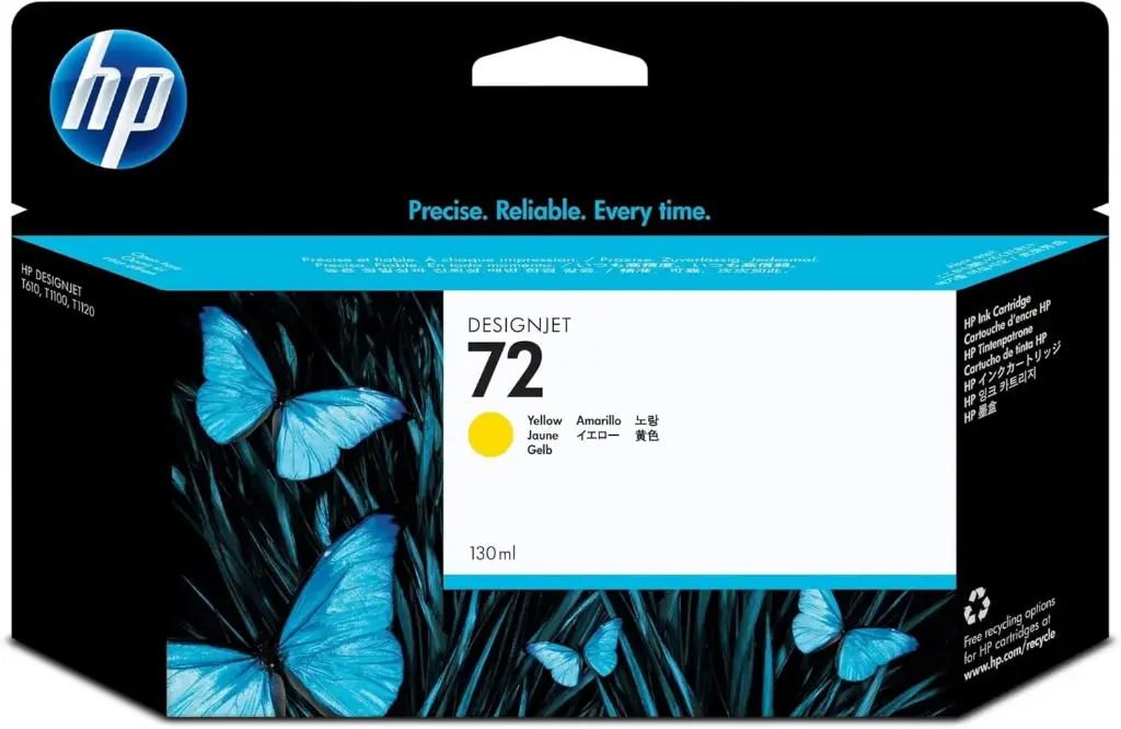 HP 72 Amarillo Original Cartucho de Tinta HP72 DesignJet de la serie T610, T620, T770, T1100, T1200, T1200 HD, T2300 eMFP, T790, T1300 130ml SKU: C9373A