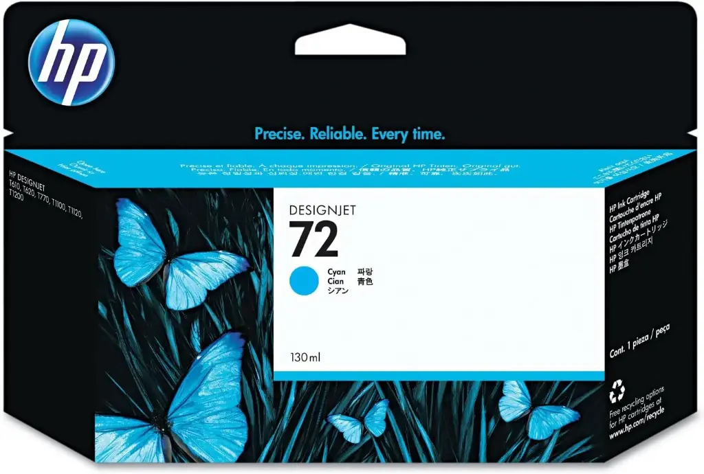 HP 72 Cian Original Cartucho de Tinta HP72 DesignJet de la serie T610, T620, T770, T1100, T1200, T1200 HD, T2300 eMFP, T790, T1300 130ml SKU: C9371A
