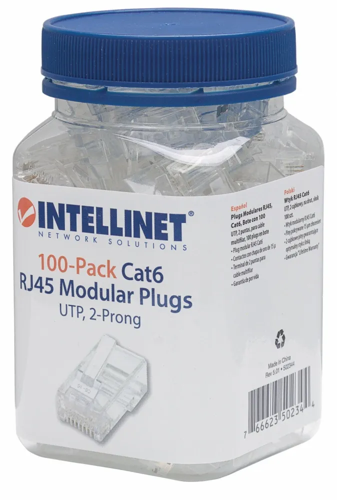 Intellinet Plugs Modulares RJ-45, RJ45 Cat6, Bote con 100 Piezas CN-1288 SKU: 502344