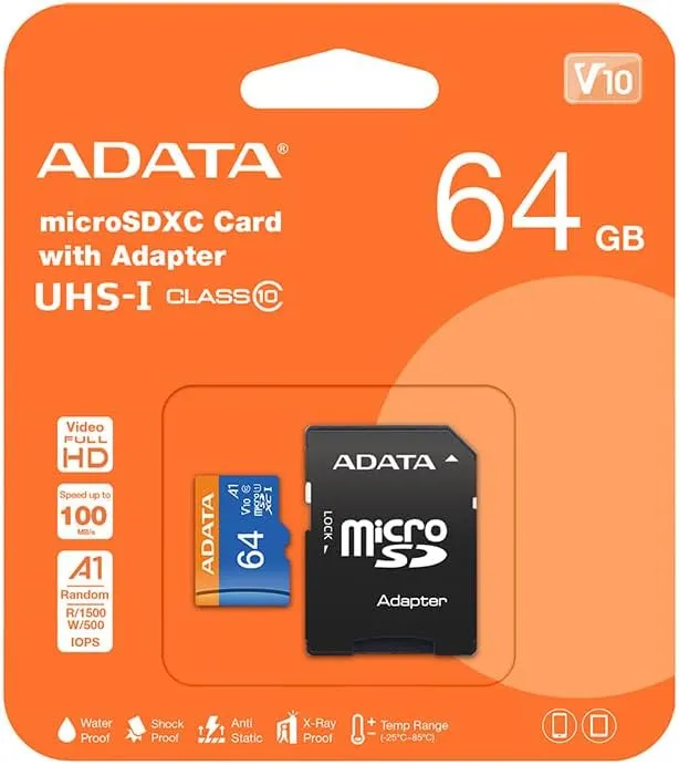 Memoria Flash Adata Premier, 64GB MicroSDXC UHS-I Clase 10 A1, con Adaptador SKU: AUSDX64GUICL10A1-RA1