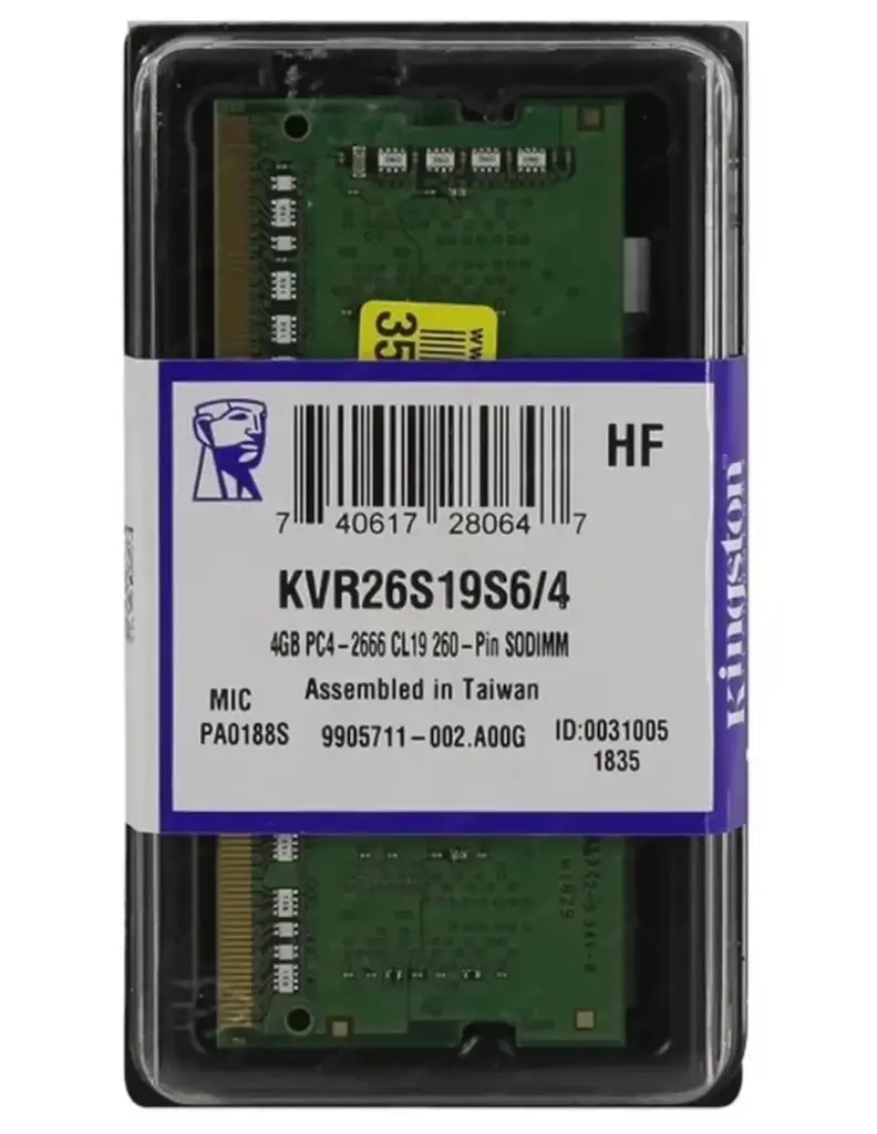 Memoria RAM Kingston ValueRAM DDR4, 2666MHz, 4GB, Non-ECC, CL19, SO-DIMM RAM-3671 SKU: KVR26S19S6/4