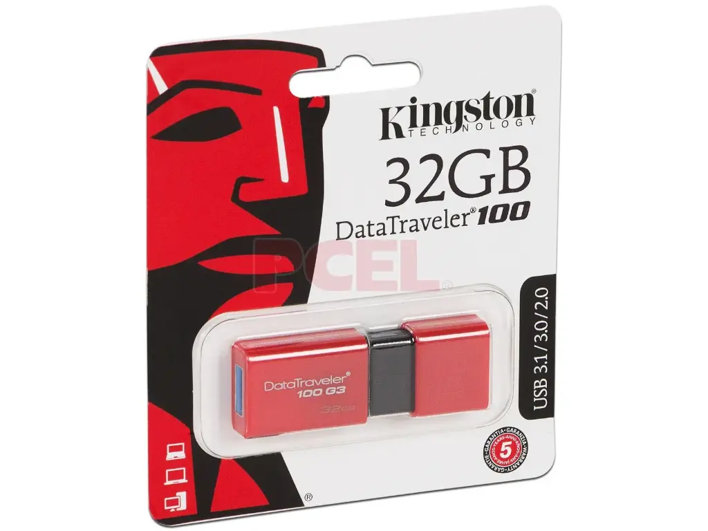 Memoria USB Kingston DataTraveler 100 G3, 32GB, USB 3.1, Lectura 100MB/s, Rojo SKU: KC-U7132-6UR