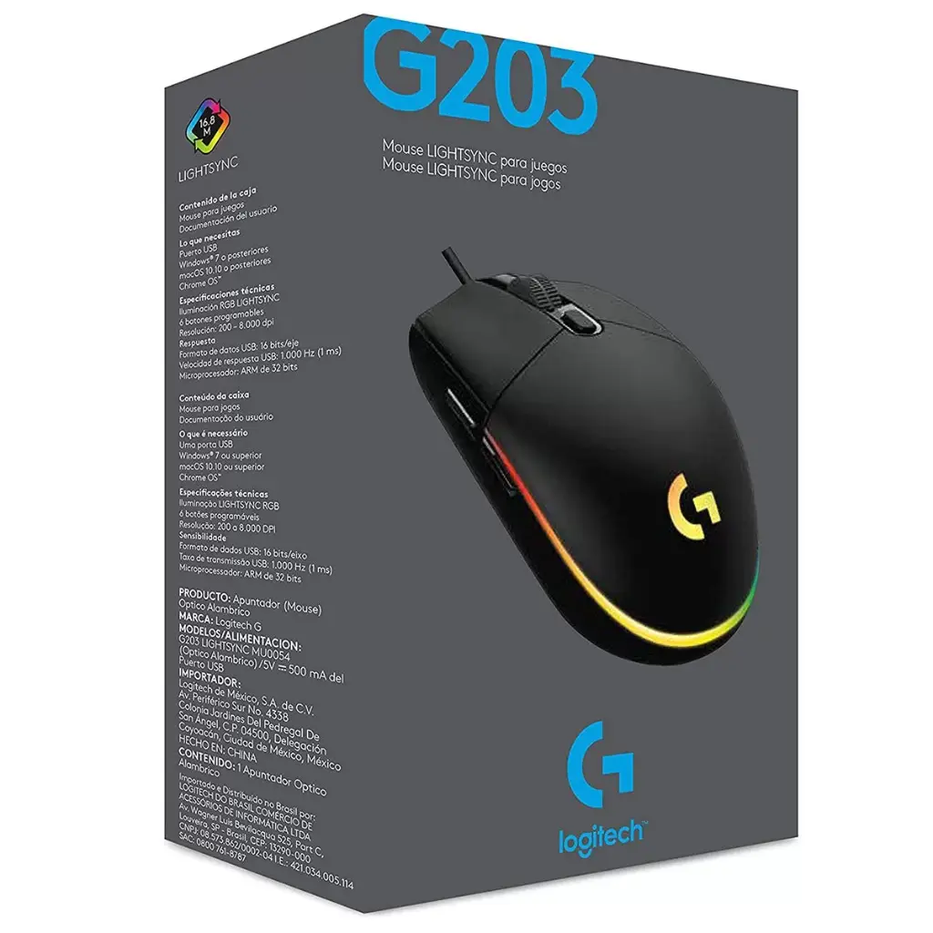 Mouse Gamer Logitech Óptico G203 LightSync, Alámbrico, USB, 8000DPI, Negro SKU: 910-005793