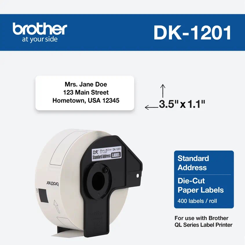 DK1201 Etiquetas estándar de papel para direcciones de 1,1" x 3,5" (29 mm x 90.3 mm). Trae 400 etiquetas. QL800 SKU: DK-1201