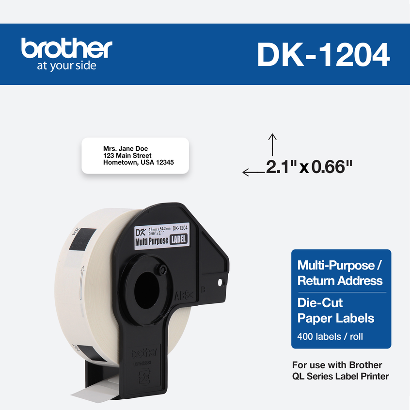 DK1204 Etiquetas multiusos de 0,66" x 2,1" (17 mm x 54,3 mm). Trae 400 etiquetas QL800