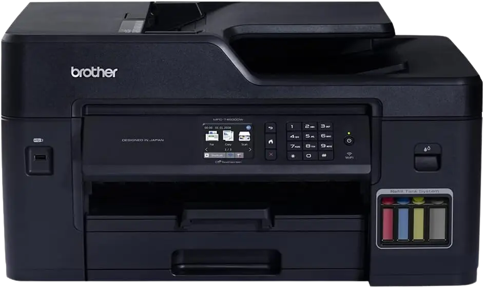 Multifuncional Brother MFC-T4500DW Tinta Continua, Doble Carta, Impresión Dúplex, Tabloide, A3, Impresora, Copiadora, Escaner, Fax, Wifi, Ethernet, Bypass 100 Hojas, 35ppm Negro, 27ppm Color SKU: MFC-T4500DW