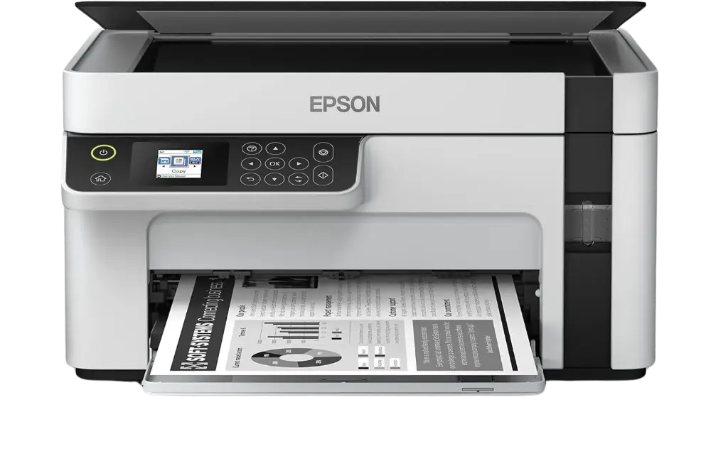 Multifuncional Epson EcoTank M2120, Blanco y Negro, Inyección, Tanque de Tinta, Inalámbrico, Impresora Copiadora y Escáner, 32ppm SKU: C11CJ18301