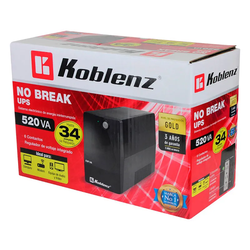 No Break Koblenz 5216 R, 240W, 520VA, Entrada 90-145V, Salida 108-132V, 6 Contactos (3 con Respaldo y 3 con Supresor) FR-1215 SKU: 000-4241-00-6