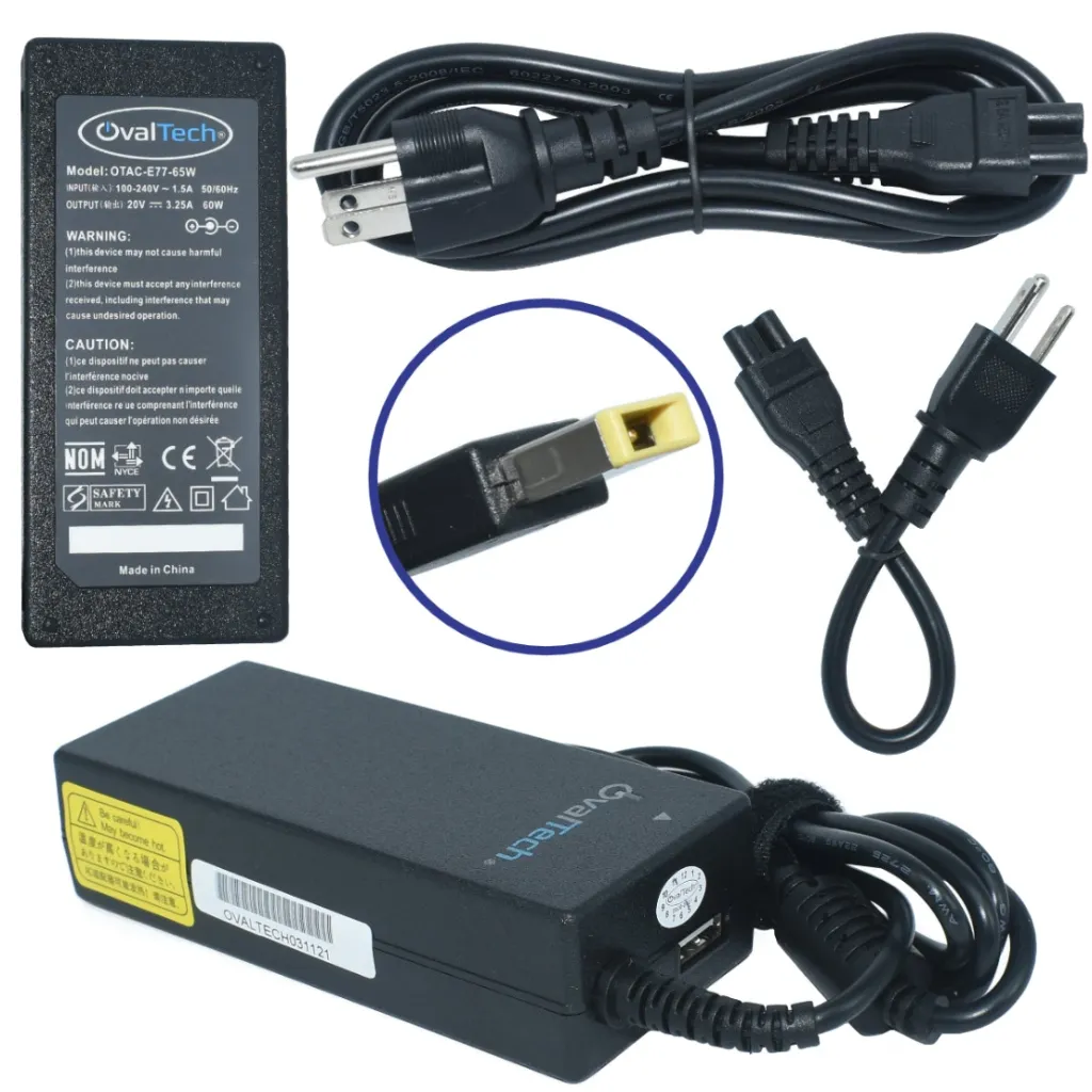 OTAC-E77-65W Adaptador para Computadora Portatil 20V/3.25AH C/Blister + USB Marca OvalTech, Punta Cuadrada SKU: OTAC-E77-65W