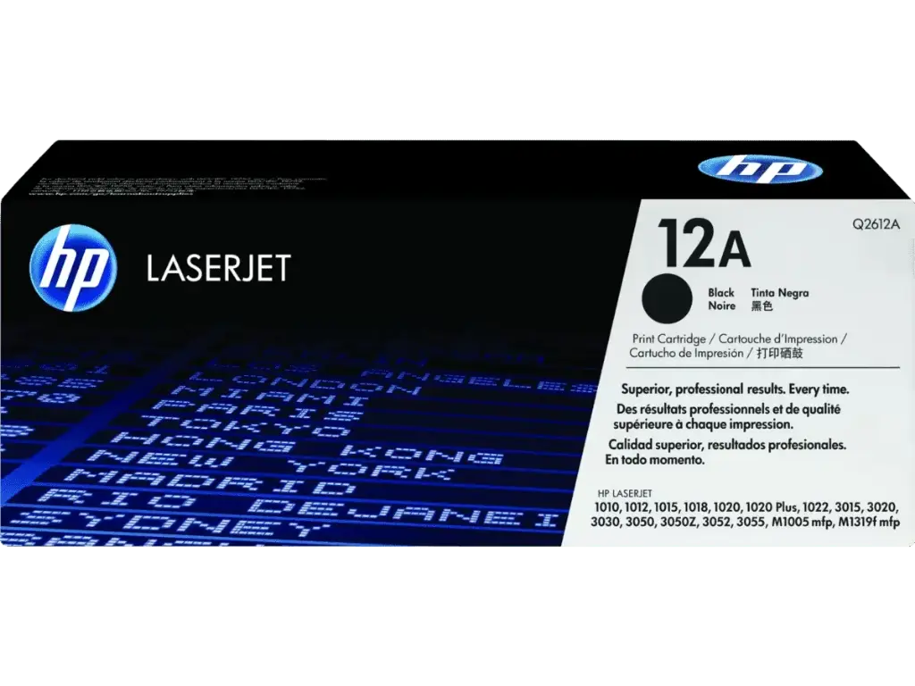 Q2612A Original Toner 12A HP LaserJet 1010, 1012/1015, 1018, 1020, 1022, 3015, 3020, 3030, 3050, 3052, 3055, M1005MFP, M1319F MFP Caja Blanca 2,000 Páginas SKU: Q2612A