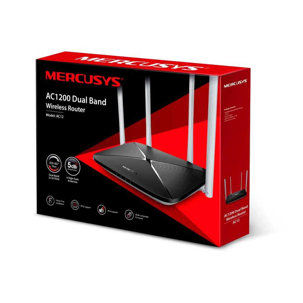 Router Mercusys Fast Ethernet de Banda dual AC12 AC1200, Inalámbrico, 867 Mbit/s, 4x RJ-45, 2.4/5GHz, 4 Antenas Externas de 5dBi NIC-2991 SKU: AC12