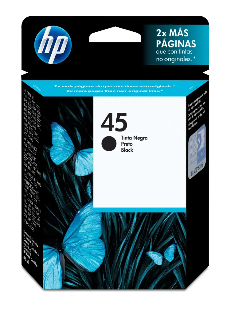 [51645AL] HP 45 Negro Original Cartucho de Tinta HP45 HP DeskJet 712, 720, 722, 820, 830, 832, 850, 855, 870, 880, 882, 890, 895, 930, 932, 935, 950, 952, 960, 970, 990, 995, 1100, 1120, 1180, 1220, 1280, 1600, 6122, 6127, and 9300 Printers, HP Inkjet Fax 1220, HP Officejet g55, g85, g95, k60,k80, r40, r60, r80, t45, and t65, HP Officejet Pro 1150c, 1170c, and 1175c, HP Photosmart 115, 1215, 1218, 1315, p1000 and p1100, HP Designjet 700, 750c, 750c Plus, and 755cm Printers, and HP Color Copier 110, 120, 140, 145, 150, 155, 160, 170, 180, 190, 210, 260, 270, 280, and 290 930Pag. 42ml SKU: 51645AL