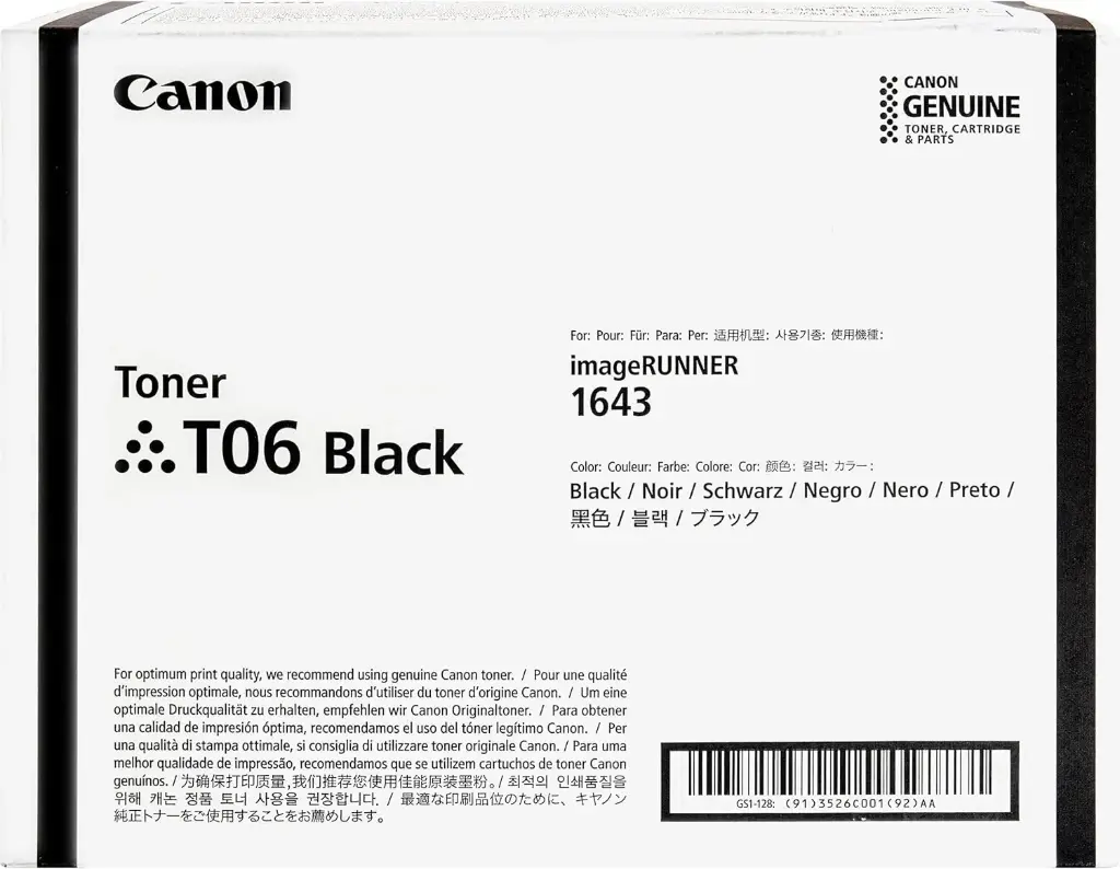 [3526C001AA] T06 Negro Original Toner T-06 Canon imageRUNNER ir 1643i, imageRUNNER ir1643iF 20,500 Pag. SKU: 3526C001AA