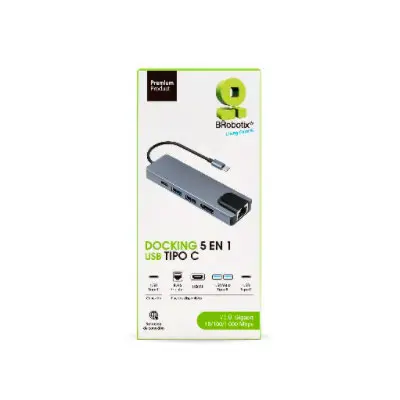 [6000694] BRobotix Docking Station 5 en 1 USB C, 2x USB 3.0, 1x HDMI, 1x RJ-45, 1x USB C, Plata SKU: 6000694