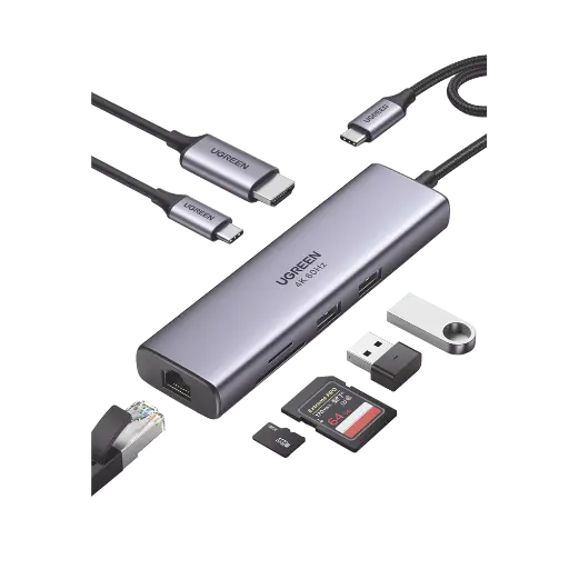 [60515] HUB USB-C (Docking Station) 7 en 1 | 2 USB-A 3.0 (5Gbps) | 1 USB-C PD Carga 100W | HDMI 4K@60Hz | RJ45 (Gigabit Ethernet) | Lector Tarjetas SD + Micro SD (TF) Uso Simultáneo | Cable de Nylon Trenzado | Caja de Aluminio. UGREEN SKU: 60515