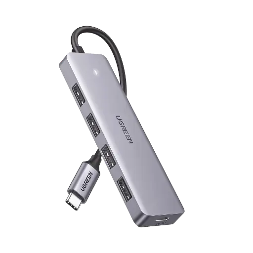 [70336] HUB USB-C 3.0 4 EN 1 | 4 Puertos USB-A (5Gbps) | Carcasa ABS + PC | Soporta OTG | Luz Indicadora LED | Compatible con iPhone 15 Pro MAX) | Interfaz Niquelada | Color Gris Metalizado | Cable de 15cm. UGREEN SKU: 70336