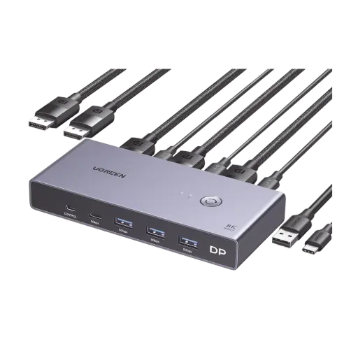 [25962] Conmutador KVM DisplayPort 8K | DP 1.4 | 2 Entradas 1 Salida | 4 Puertos USB 3.0 (3 USBA *1 USBC) | Soporta 8K@60Hz | HDR | Control de Escritorio | Carcasa de Aluminio | Indicador Led | Compatible Win, MacOs y Linux. SKU: 25962