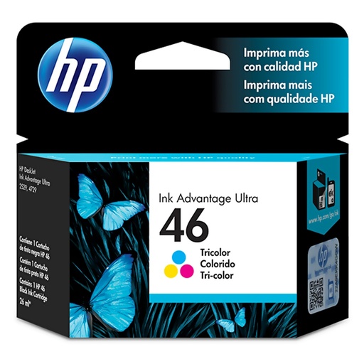 [CZ638AL] HP 46 Tricolor Original Cartucho de Tinta HP46 HP Deskjet Ink Advantage 2020hc, 2520hc, 2029, 2529 All-in-One Printer, and HP DeskJet Ultra Ink Advantage 4729 All-in-One Printe 750Pag. 14ml SKU: CZ638AL