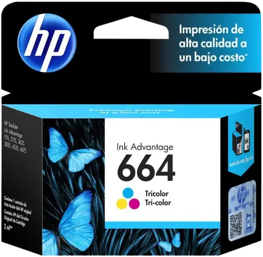 [F6V28AL] HP 664 Tricolor Original Cartucho de Tinta HP664 HP Deskjet Ink Advantage 1115, 2134, 2135, 2675, 3635, 3775, 3785, 3786, 3787, 3789, 3835, 4535, 4675, 5075, 5275, 5276. 2ml. SKU: F6V28AL