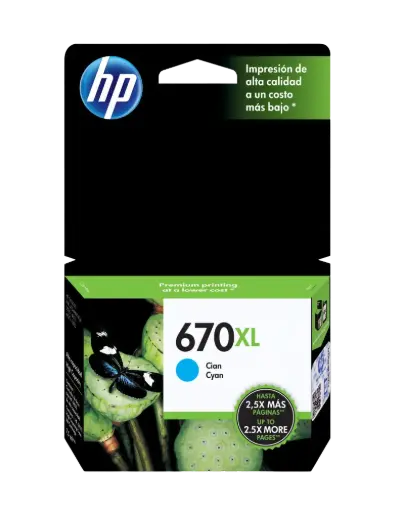 [CZ118AL] HP 670XL Cian Original Cartucho de Tinta HP670XL HP Deskjet Ink Advantage 3525, 4615, 4625, 5525, 6525 e-All-in-One 750Pag. 7.5ml. SKU: CZ118AL