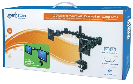 Manhattan Soporte con Brazos de Doble Movimiento para 2 Monitores hasta 24'', max. 12KGs, Negro SKU: 420808