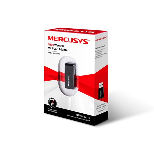 [MW300UM] Mercusys Adaptador de Red USB MW300UM, Inalámbrico, 300 Mbit/s SKU: MW300UM