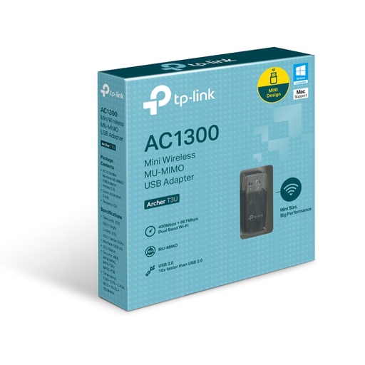 [ARCHER T3U] TP-Link Adaptador de Red USB Archer T3U, Alámbrico, WLAN, 1267 Mbit/s, 2.4/5GHz TARTPL520 Tarjeta de Red SKU: ARCHER T3U